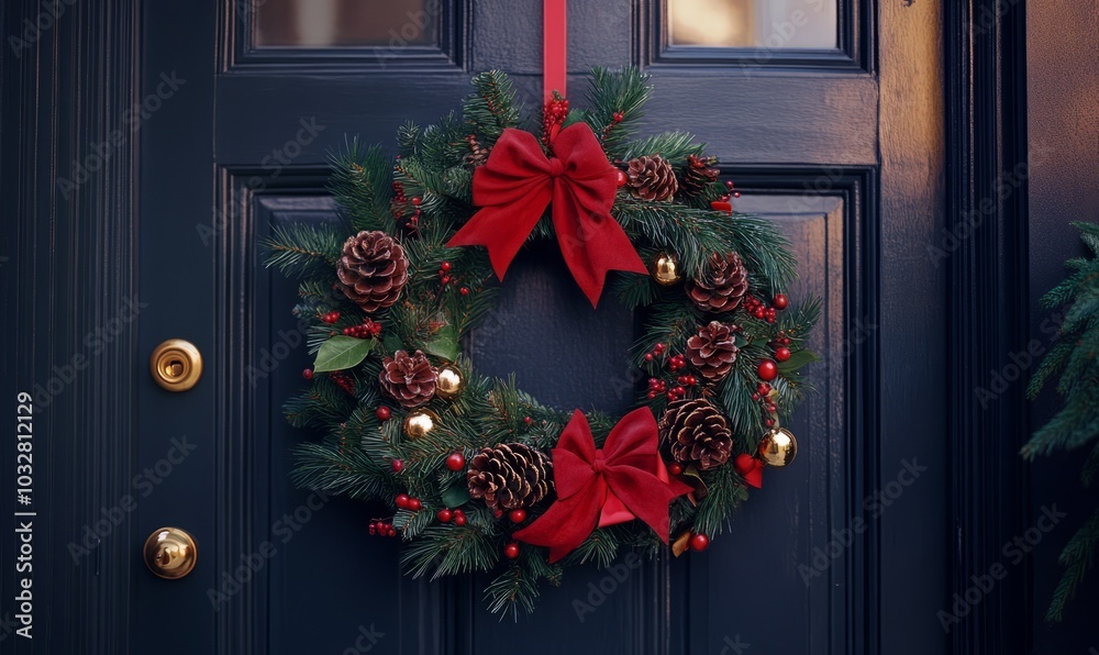 Family holiday wreath on the front door Family holiday wreath on the front door