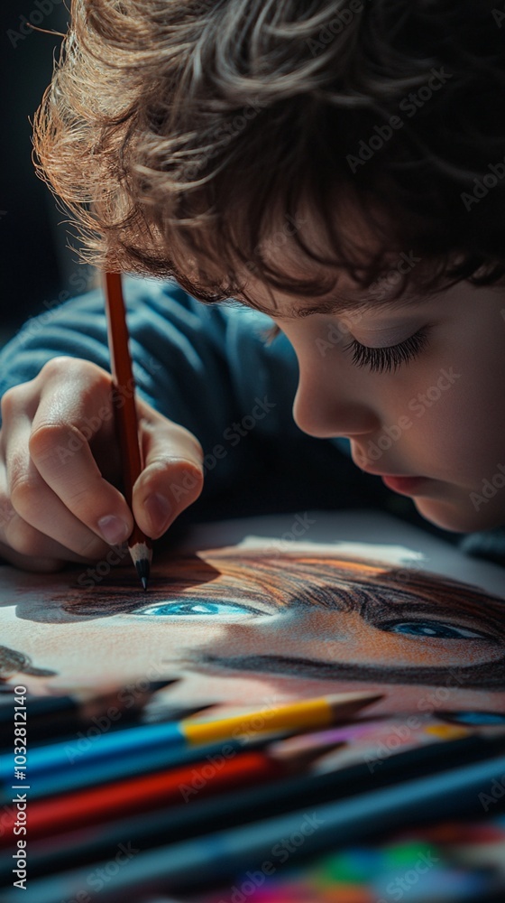 Close-up of a young child deeply focused on drawing with colored pencils, showcasing creativity and concentration in a dimly lit, intimate setting. Close-up of a young child deeply focused on drawing with colored pencils, showcasing creativity and concentration in a dimly lit, intimate setting.