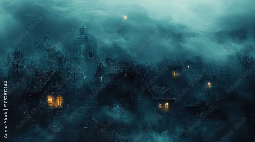 A mysterious, fog-covered village at night with glowing windows and an eerie atmosphere. A mysterious, fog-covered village at night with glowing windows and an eerie atmosphere.