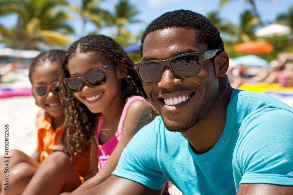 A happy African American father smiles with his two young daughters at the beach. A happy African American father smiles with his two young daughters at the beach.
