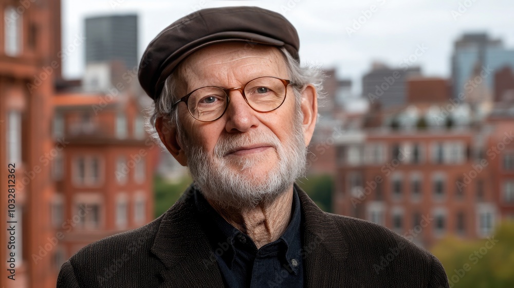 An elderly man with a white beard and glasses gazes at the camera while standing on a vibrant street filled with trees and vehicles, surrounded by the charm of the city An elderly man with a white beard and glasses gazes at the camera while standing on a vibrant street filled with trees and vehicles, surrounded by the charm of the city