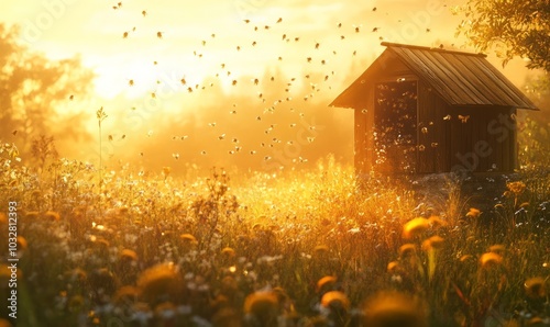 Bees busily flying around a rustic apiary under the warm glow of sunlight in a vibrant meadow during the late afternoon