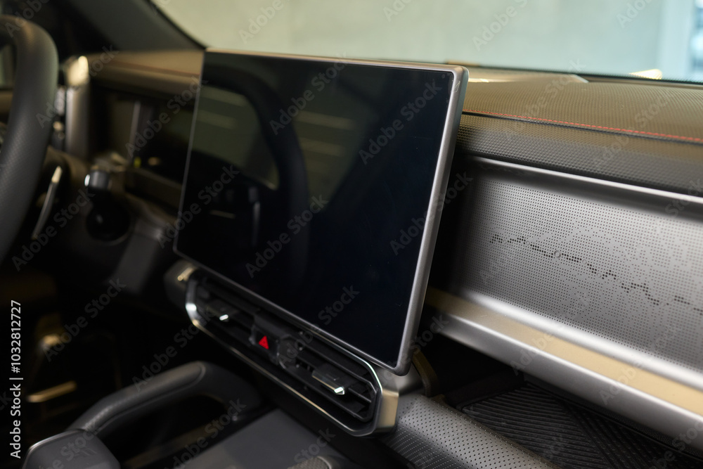 The Modern Car Dashboard Touchscreen Display features a sleek and futuristic interface design The Modern Car Dashboard Touchscreen Display features a sleek and futuristic interface design