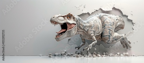 Fototapeta Naklejka Na Ścianę i Meble -  T-Rex dinosaur breaking through wall with debris.