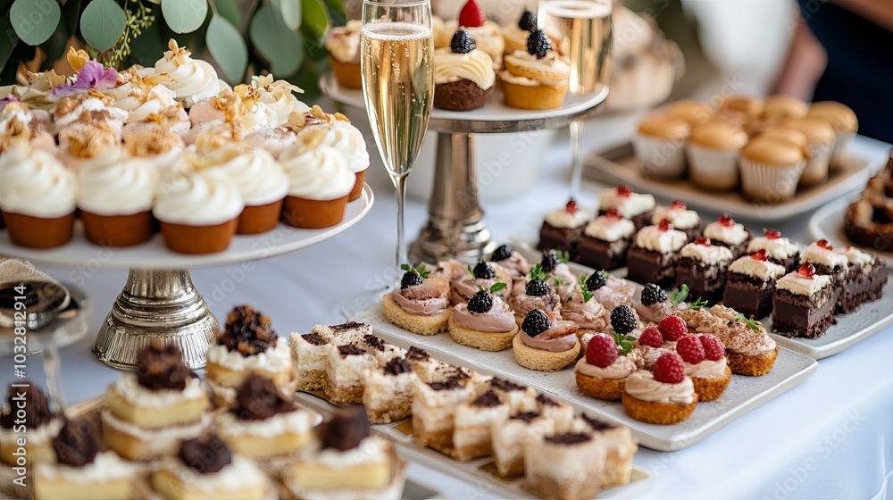 Assorted fancy cakes and bite-sized appetizers, paired with coffee and champagne, elegantly displayed on a table Assorted fancy cakes and bite-sized appetizers, paired with coffee and champagne, elegantly displayed on a table