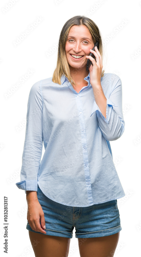 Young beautiful woman talking on smartphone over isolated background with a happy face standing and smiling with a confident smile showing teeth