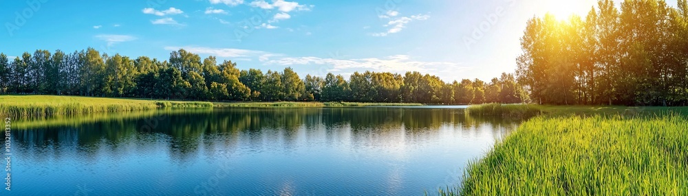 Serene Lake with Green Grass and Trees in Sunny Day. Serene Lake with Green Grass and Trees in Sunny Day.