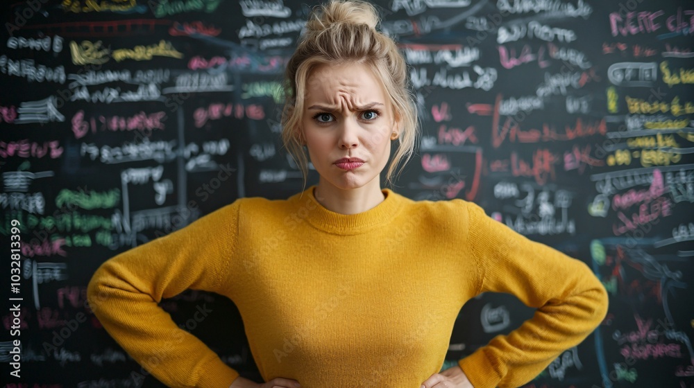 Frustrated Young Woman Standing in Front of a Chalkboard. Frustrated Young Woman Standing in Front of a Chalkboard.