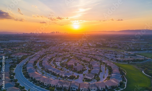 Aerial view of a residential area under the sunset sky with city skyline at the edge