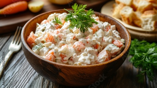 Creamy Russian salad with diced vegetables and tender chicken in a rustic wooden bowl, garnished with fresh dill. Traditional appetizer served cold, perfect for festive gatherings.