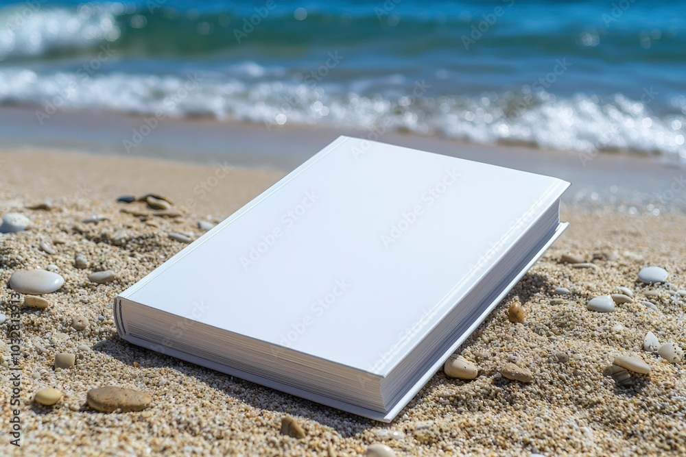 White Book on a Pebble Beach with Blurry Sea in Background White Book on a Pebble Beach with Blurry Sea in Background