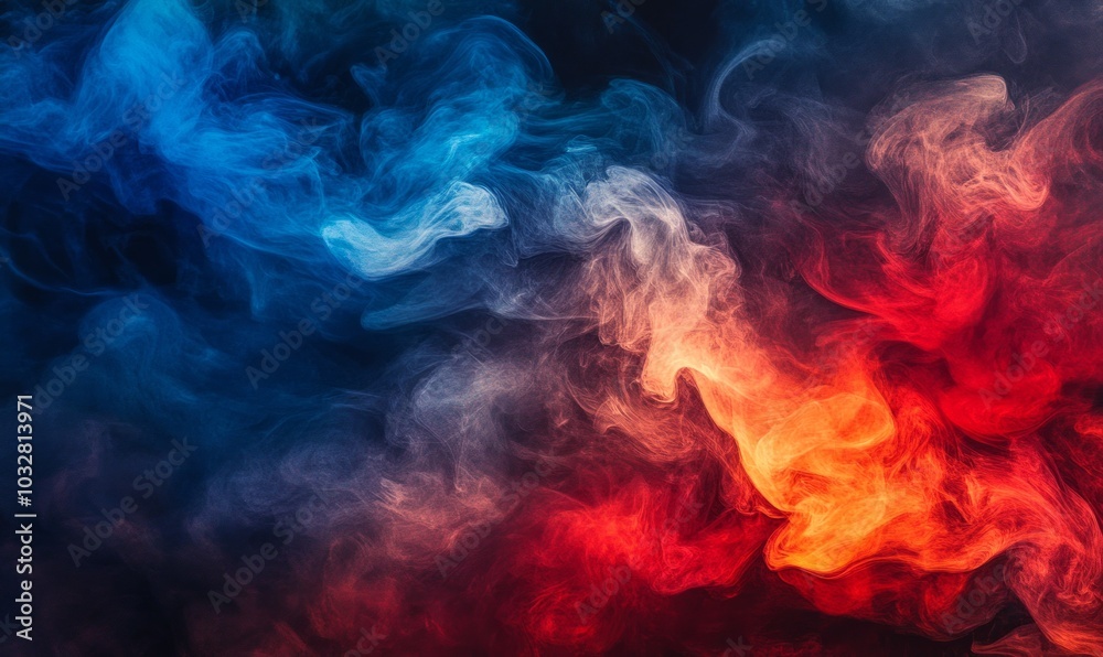 This image shows an intense and dynamic interaction of red and blue abstract smoke with hints of fire, symbolizing energy, contrast, and the interplay This image shows an intense and dynamic interaction of red and blue abstract smoke with hints of fire, symbolizing energy, contrast, and the interplay
