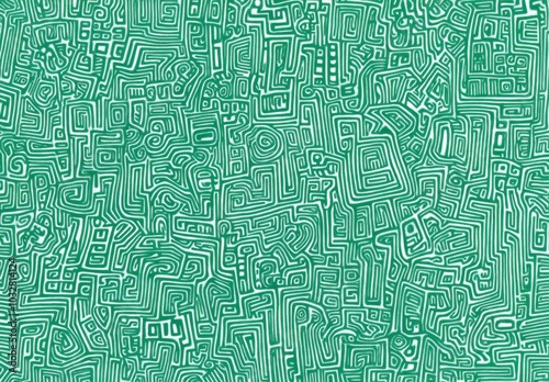 Intricate green and white pattern featuring simple line drawings of maze-like shapes filled with various patterns. The design showcases doodle art style against a plain green background.