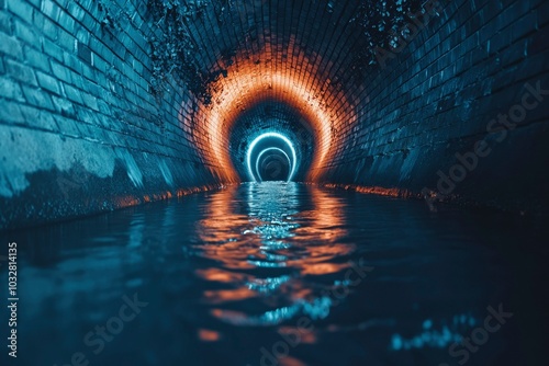 Brick Tunnel with Water and Light Reflections photo