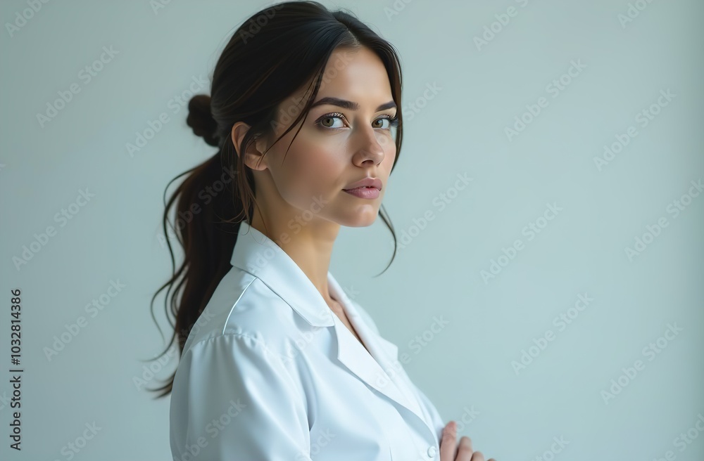 Female doctor, brunette in uniform stands with arms crossed and looks at the camera. On a blue background Female doctor, brunette in uniform stands with arms crossed and looks at the camera. On a blue background