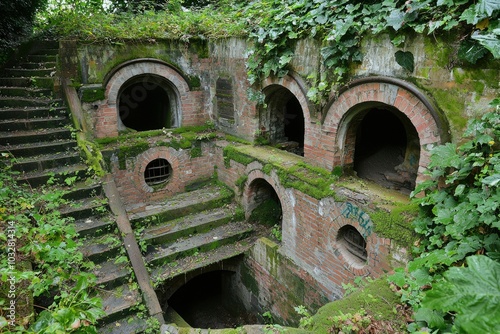 Overgrown Brick Structure with Multiple Arched Openings and a Staircase photo