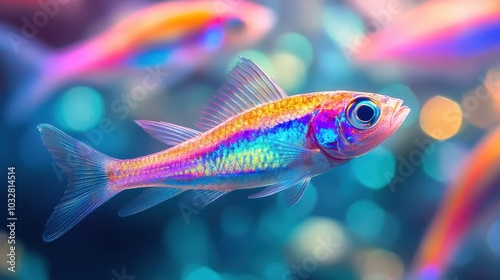 Neon Cosmic Tinned Fish in Holographic Style - Vibrant Modern Rainbow Gradient with Iridescent Decorative Elements