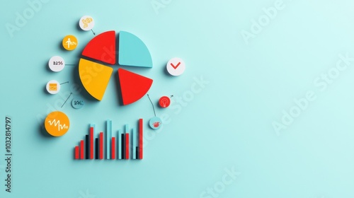 Colorful Pie Chart and Bar Graph on Blue Background