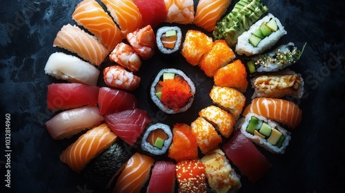 Artistic Top-Down View of Sushi Platter with Elegant Curves