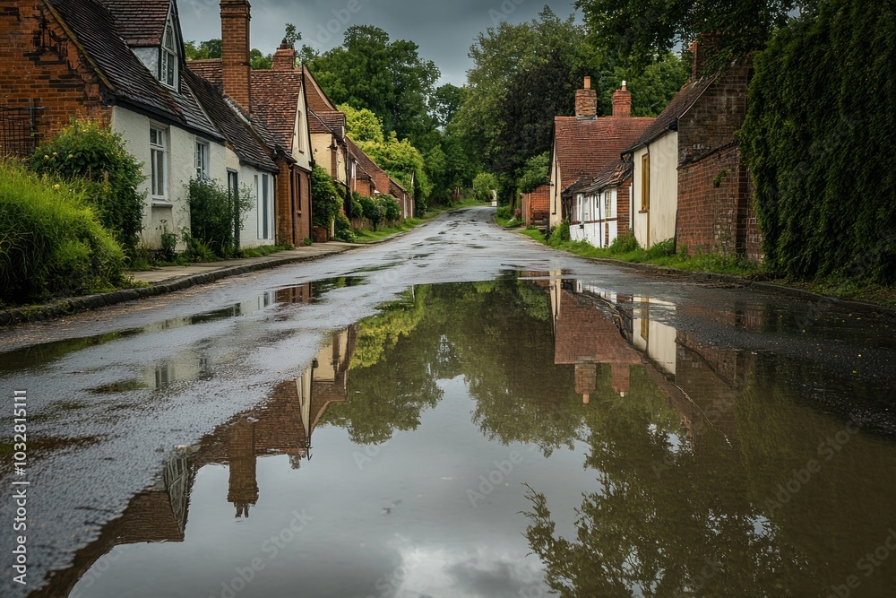 Reflection of Houses and Trees in a Puddle on a Street Reflection of Houses and Trees in a Puddle on a Street