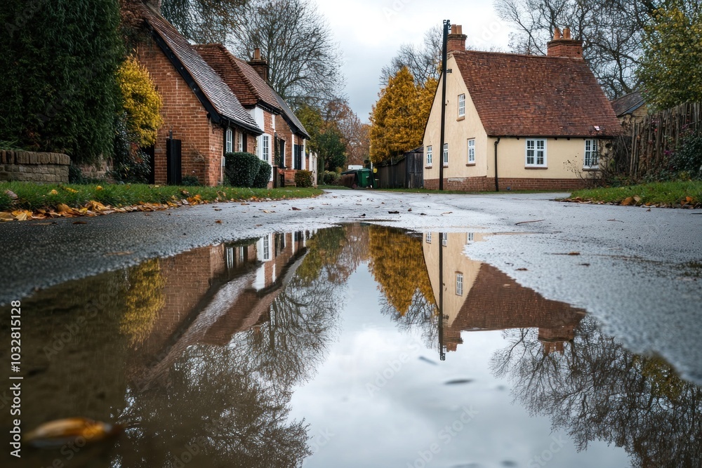 Naklejka premium Reflected Houses and Trees in a Puddle After Rain