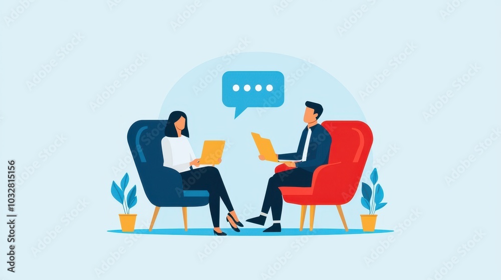 Business Meeting Illustration with Two People in Armchairs Discussing Ideas Business Meeting Illustration with Two People in Armchairs Discussing Ideas