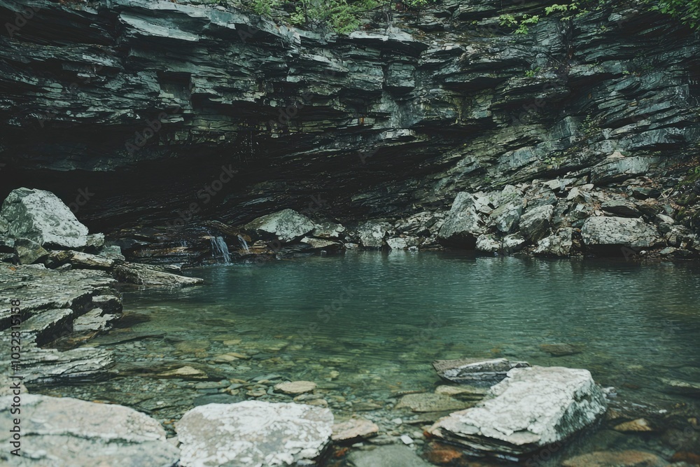 Tranquil Pool Below a Rocky Cliff Face
