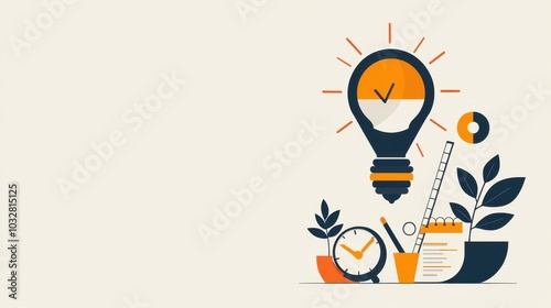 Business Concept Illustration with Lightbulb  Clock and Notepad