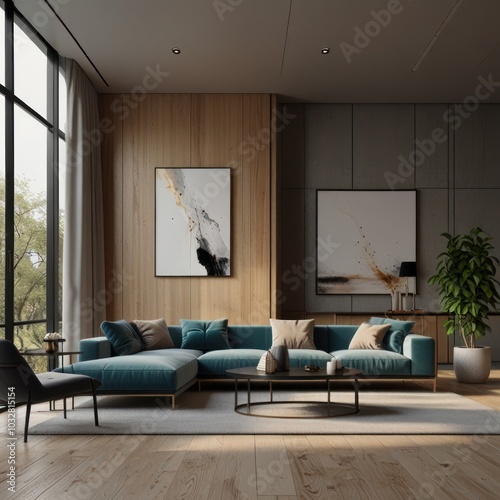 Modern living room with a large sectional sofa, wood paneling, two abstract paintings, and a potted plant.