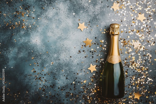 Celebration background with golden champagne bottle, confetti stars and party streamers