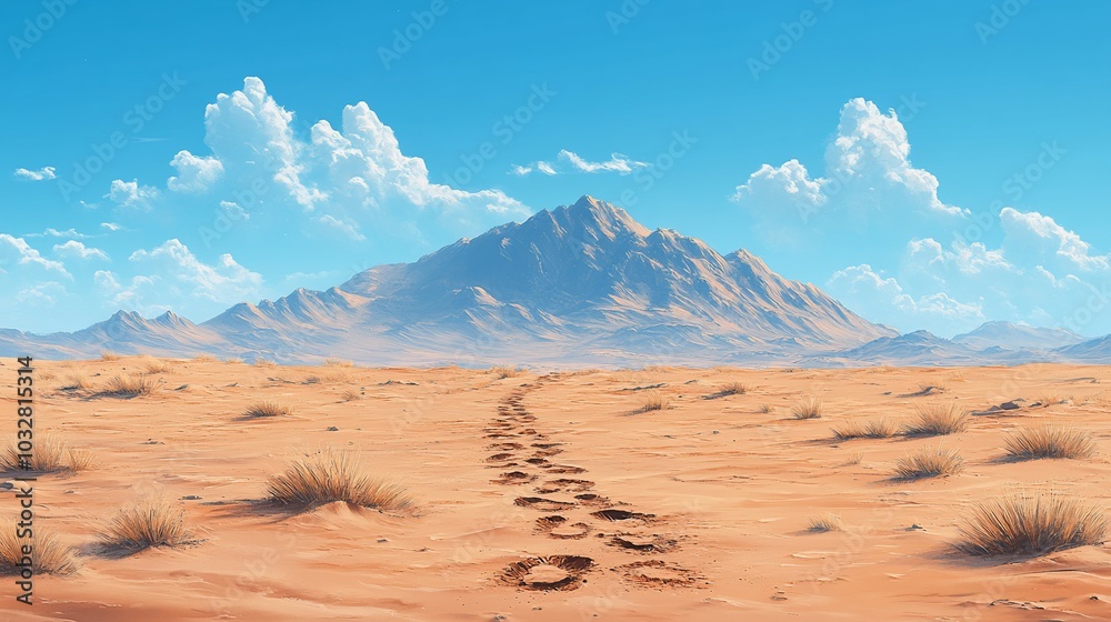 A serene desert landscape with mountains, clouds, and footprints in the sand. A serene desert landscape with mountains, clouds, and footprints in the sand.