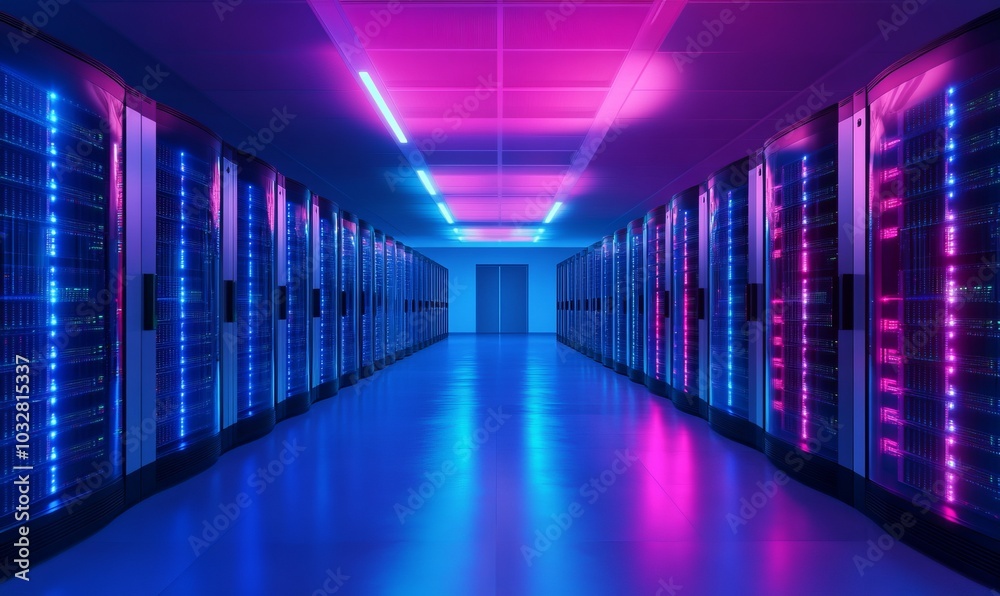 Abstract data center room with bright neon blue and pink light glowing server blocks Abstract data center room with bright neon blue and pink light glowing server blocks