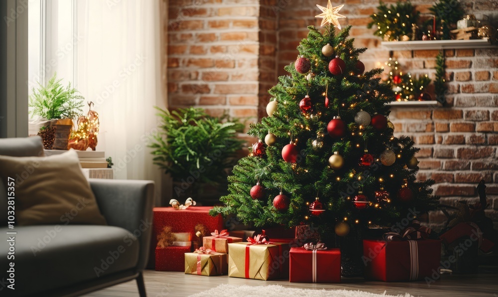 Christmas tree decorated with red and gold ornaments, twinkling lights, and a star topper, surrounded by neatly wrapped gifts in a cozy living room Christmas tree decorated with red and gold ornaments, twinkling lights, and a star topper, surrounded by neatly wrapped gifts in a cozy living room