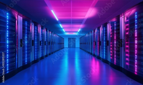 Abstract data center room with bright neon blue and pink light glowing server blocks