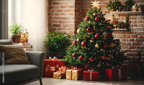 Christmas tree decorated with red and gold ornaments, twinkling lights, and a star topper, surrounded by neatly wrapped gifts in a cozy living room