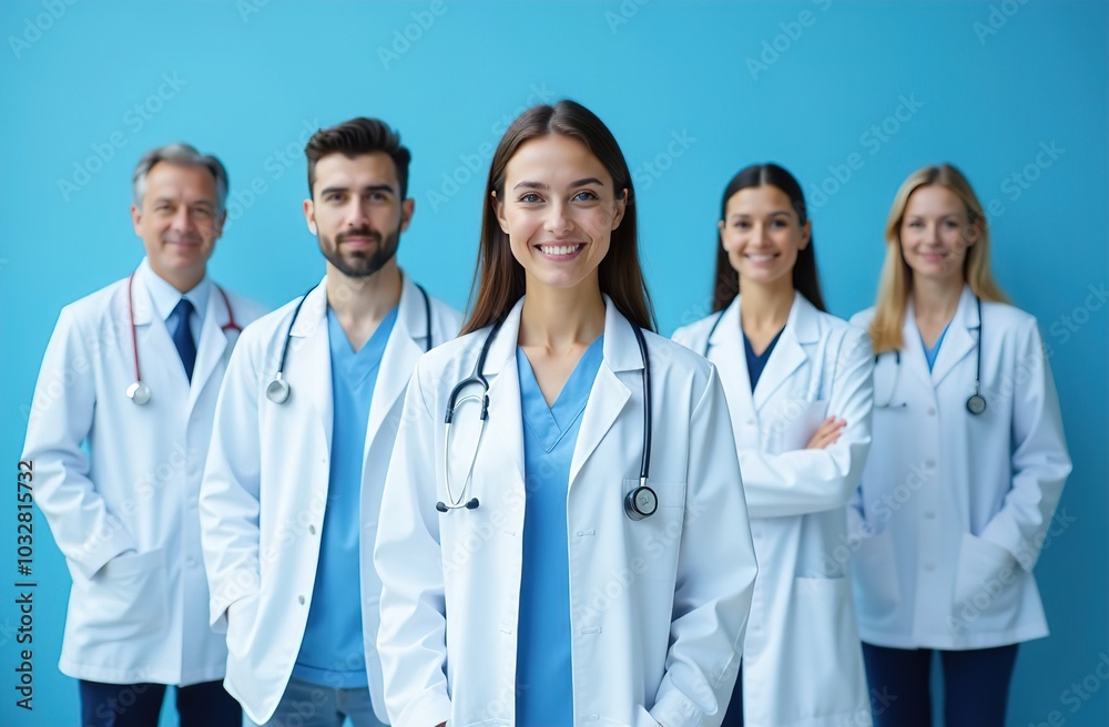 A group of doctors in white coats stand next to each other and look at the camera on a blue background. A group of doctors in white coats stand next to each other and look at the camera on a blue background.
