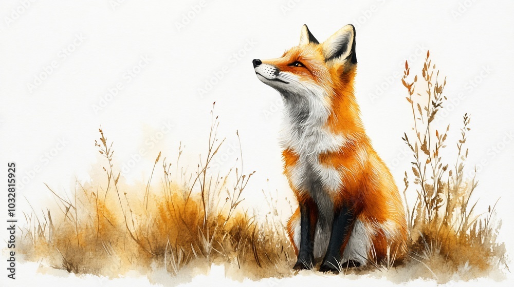 A realistic illustration of a fox sitting in a grassy area, showcasing its natural beauty.