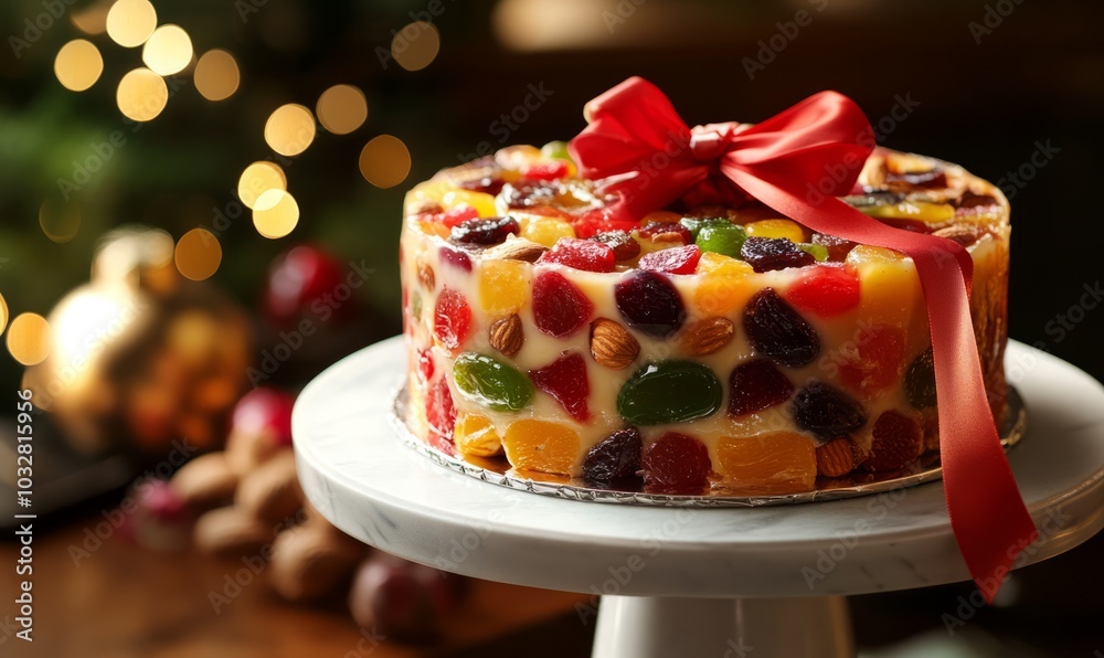 Festive fruitcake with colorful candied fruits, nuts, and a ribbon tied around it Festive fruitcake with colorful candied fruits, nuts, and a ribbon tied around it