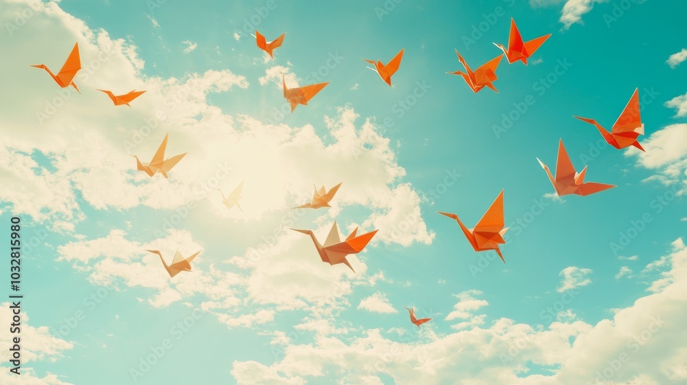 Fototapeta premium Floating origami cranes flying through a bright blue sky filled with clouds. 