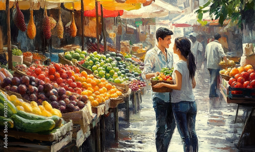 Obraz premium A young couple enjoys a morning visit to the vibrant market, selecting fresh produce and sharing smiles among colorful stalls filled with fruits