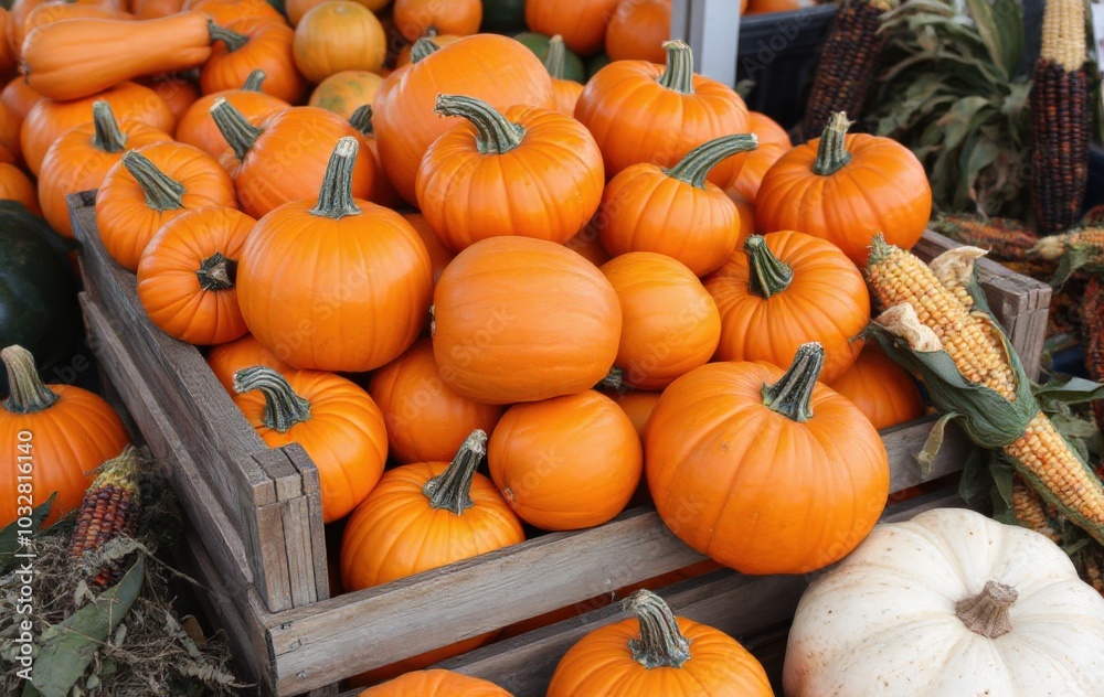 Harvested Pumpkins in a Wooden Crate Harvested Pumpkins in a Wooden Crate