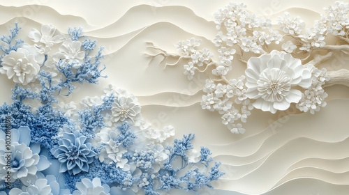 Delicate Kimchi Seamless 3D Textured Paper Design in White and Blue Tones on Beige Background