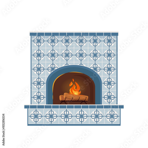 Fireplace lined with decorative blue and white tiles in Mediterranean style. Cozy interior bonfire with decor elements and log stand, burning flame for comfort and relaxation. Vector flat illustration