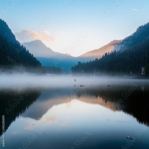 Mountains and lake, mirror image, calm image.