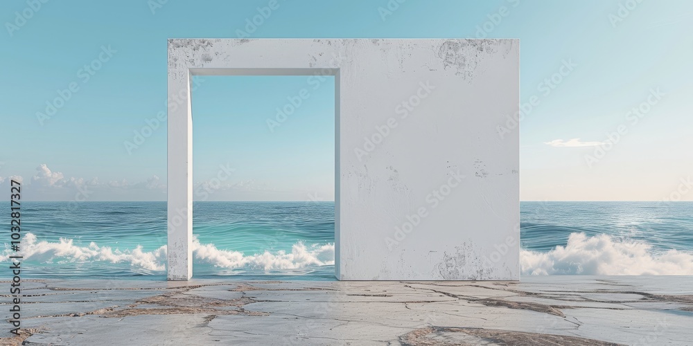 Minimalist white frame by the ocean with crashing waves. Open sea view architectural concept. Minimalist white frame by the ocean with crashing waves. Open sea view architectural concept.