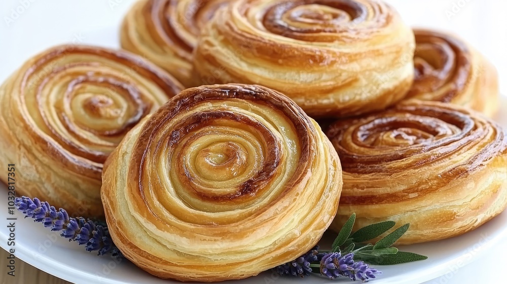 Delicious savory pastries filled with cream cheese are beautifully arranged on a vintage plate, surrounded by delicate lilac flowers and green leaves, highlighting their inviting appeal Delicious savory pastries filled with cream cheese are beautifully arranged on a vintage plate, surrounded by delicate lilac flowers and green leaves, highlighting their inviting appeal