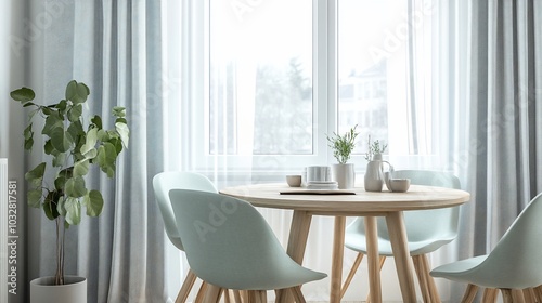 Modern dining room interior with wooden table, blue chairs, and large window.