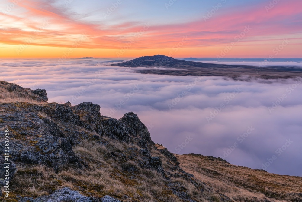 Mountain Peak Overlooking Sea of Clouds at Sunrise Mountain Peak Overlooking Sea of Clouds at Sunrise