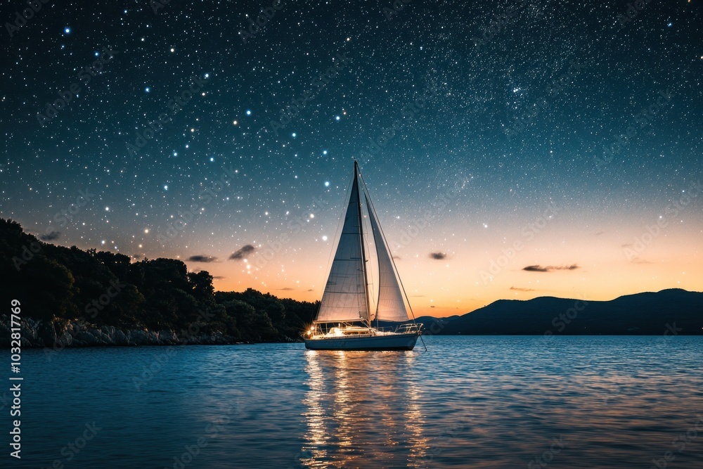 Sailboat at Sunset with a Starry Sky Sailboat at Sunset with a Starry Sky