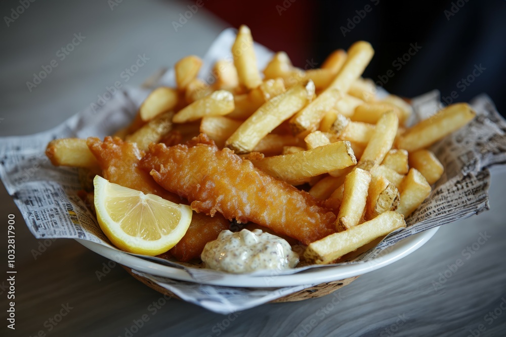 Golden-brown fish and chips, crispy fries, and a zesty lemon wedge. A classic comfort food experience! Enjoy! Golden-brown fish and chips, crispy fries, and a zesty lemon wedge. A classic comfort food experience! Enjoy!